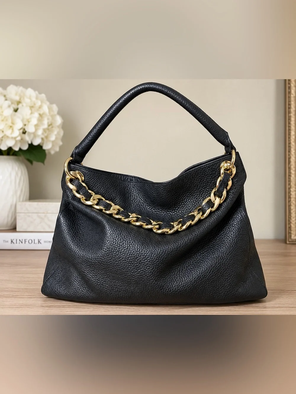Mark & Graham Black Pebbled Leather Hobo Bag Gold Chain Shoulder Bag